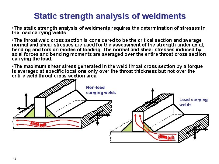 Static strength analysis of weldments • The static strength analysis of weldments requires the