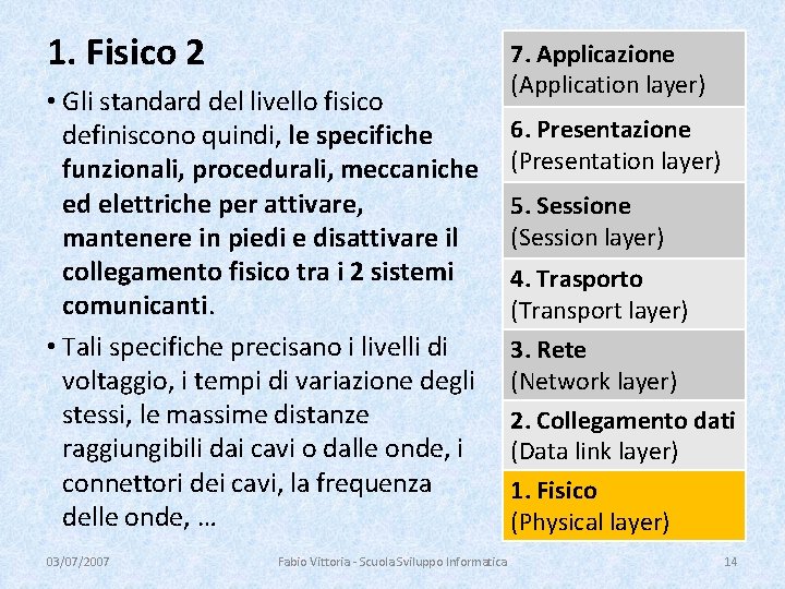 1. Fisico 2 • Gli standard del livello fisico definiscono quindi, le specifiche funzionali,