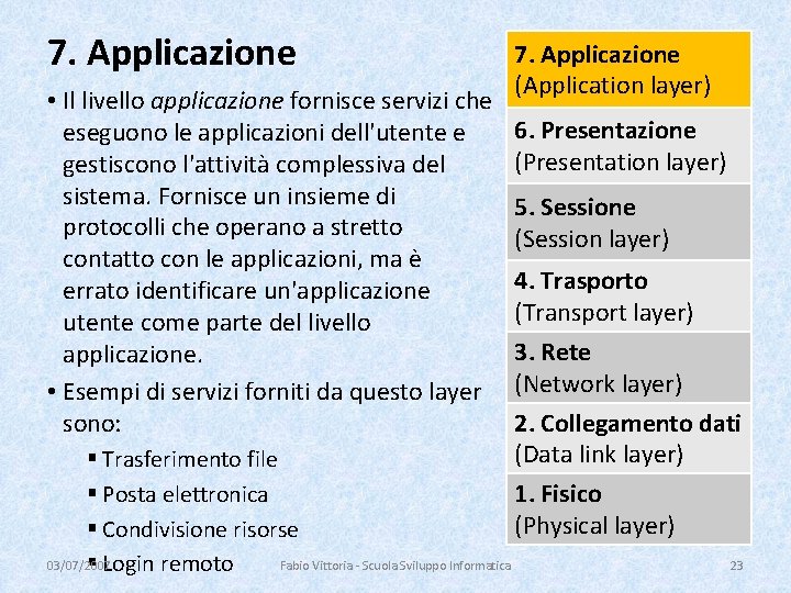 7. Applicazione • Il livello applicazione fornisce servizi che eseguono le applicazioni dell'utente e