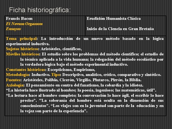 Ficha historiográfica: Francis Bacon El Novum Organum Ensayos Erudición Humanista Clásica Inicio de la