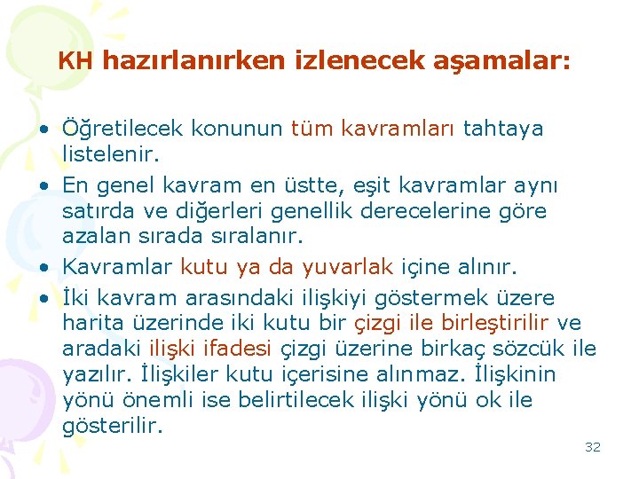 KH hazırlanırken izlenecek aşamalar: • Öğretilecek konunun tüm kavramları tahtaya listelenir. • En genel