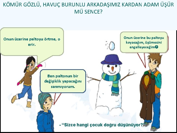 KÖMÜR GÖZLÜ, HAVUÇ BURUNLU ARKADAŞIMIZ KARDAN ADAM ÜŞÜR MÜ SENCE? Onun üzerine paltoyu örtme,