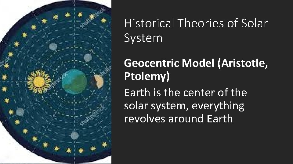 Historical Theories of Solar System Geocentric Model (Aristotle, Ptolemy) Earth is the center of