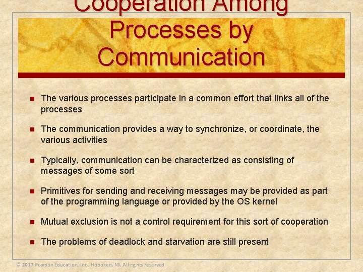 Cooperation Among Processes by Communication n The various processes participate in a common effort