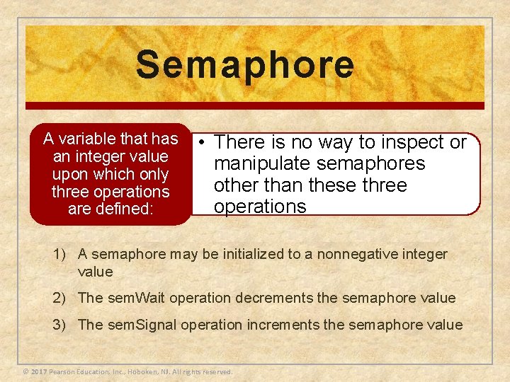 Semaphore A variable that has an integer value upon which only three operations are