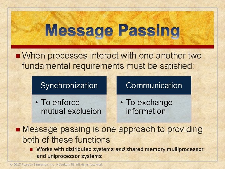n When processes interact with one another two fundamental requirements must be satisfied: Synchronization
