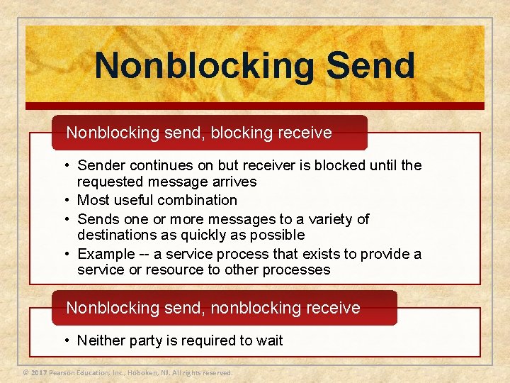 Nonblocking Send Nonblocking send, blocking receive • Sender continues on but receiver is blocked