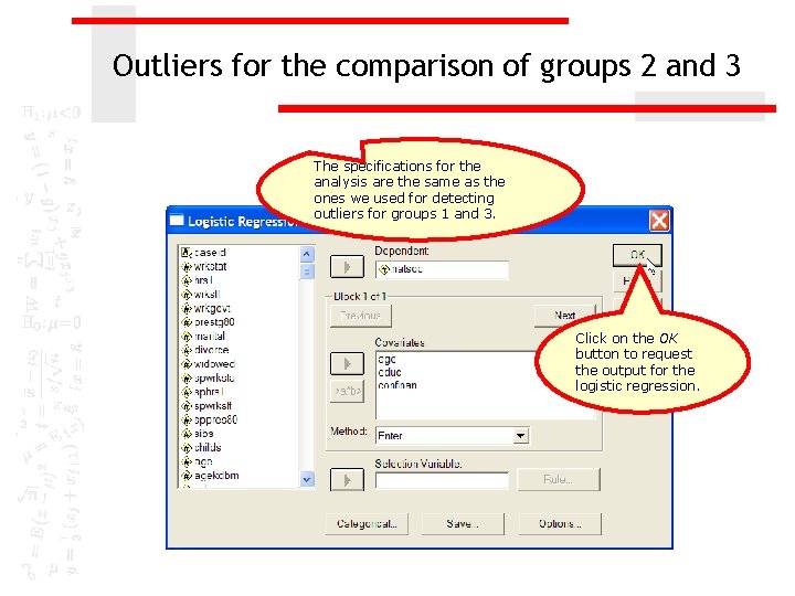 Outliers for the comparison of groups 2 and 3 The specifications for the analysis