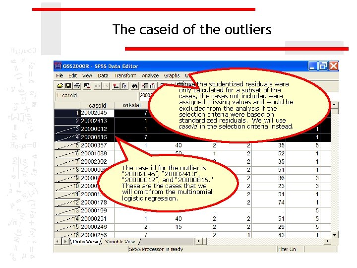 The caseid of the outliers Since the studentized residuals were only calculated for a