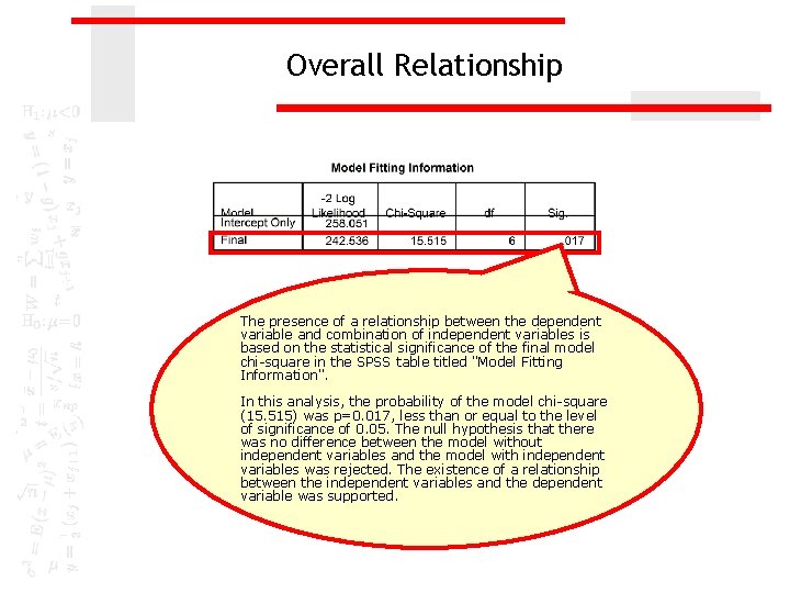 Overall Relationship The presence of a relationship between the dependent variable and combination of