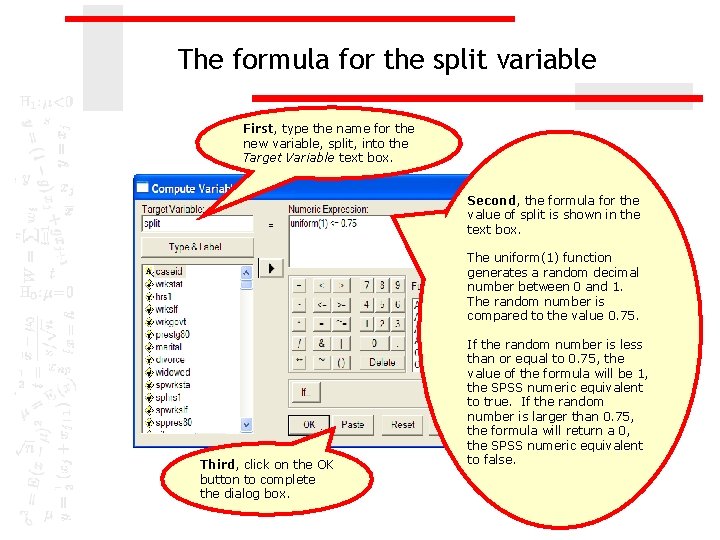 The formula for the split variable First, type the name for the new variable,