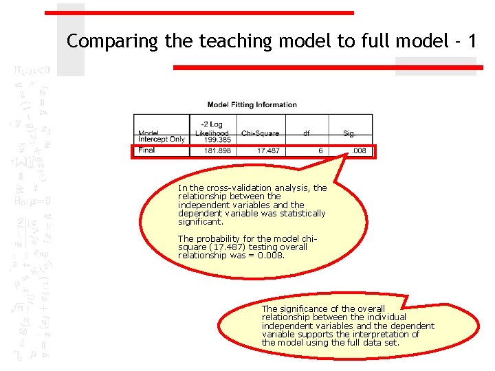 Comparing the teaching model to full model - 1 In the cross-validation analysis, the