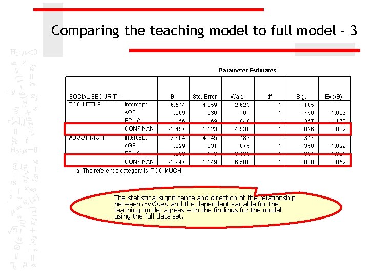 Comparing the teaching model to full model - 3 The statistical significance and direction