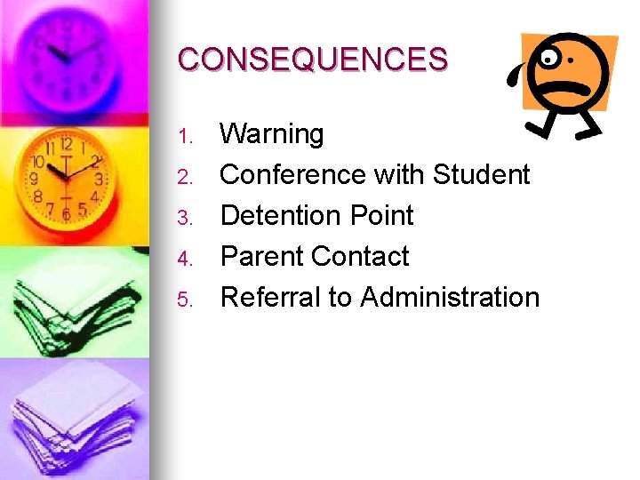 CONSEQUENCES 1. 2. 3. 4. 5. Warning Conference with Student Detention Point Parent Contact