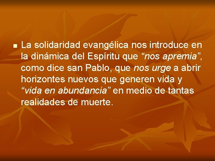 n La solidaridad evangélica nos introduce en la dinámica del Espíritu que “nos apremia”, n La solidaridad evangélica nos introduce en la dinámica del Espíritu que “nos apremia”,