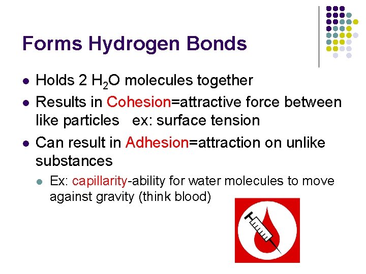 Forms Hydrogen Bonds l l l Holds 2 H 2 O molecules together Results Forms Hydrogen Bonds l l l Holds 2 H 2 O molecules together Results