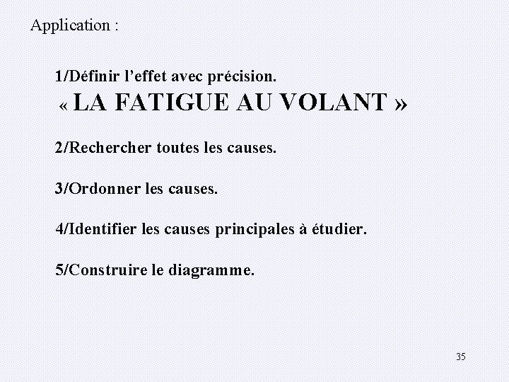 Application : 1/Définir l’effet avec précision. « LA FATIGUE AU VOLANT » 2/Recher toutes