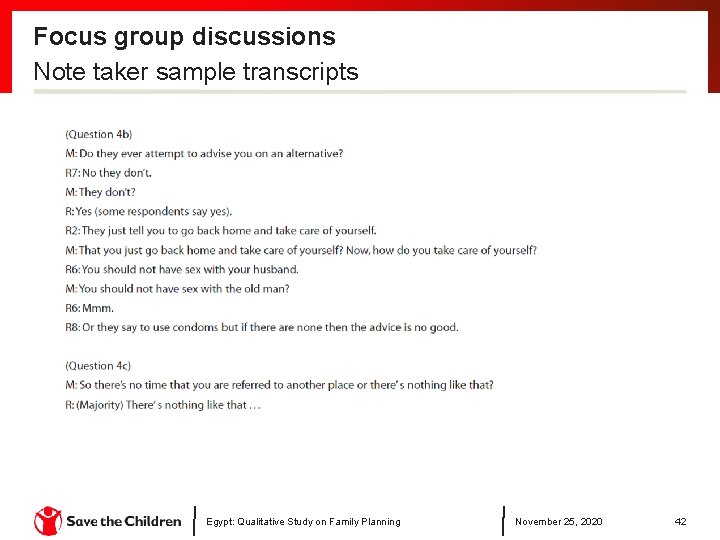 Focus group discussions Note taker sample transcripts Egypt: Qualitative Study on Family Planning November