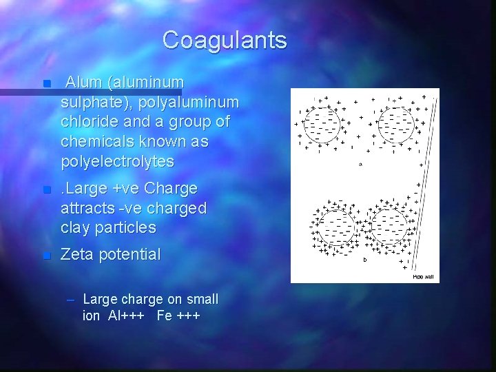 Coagulants n Alum (aluminum sulphate), polyaluminum chloride and a group of chemicals known as