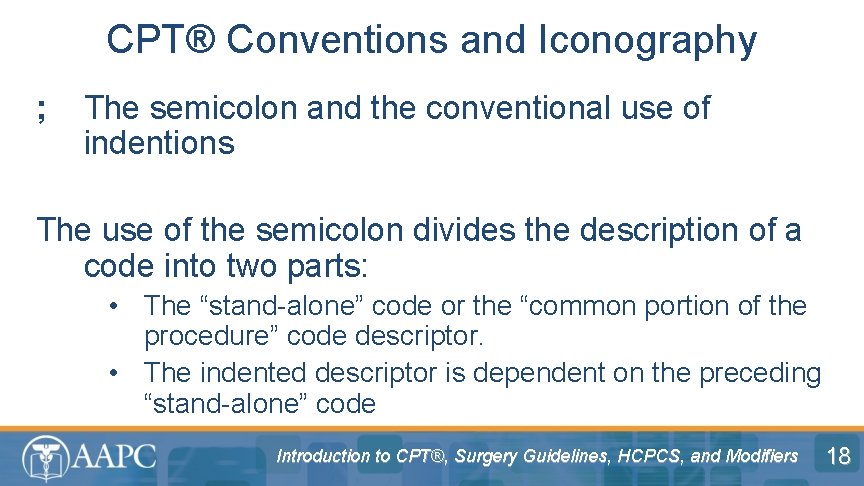 CPT® Conventions and Iconography ; The semicolon and the conventional use of indentions The