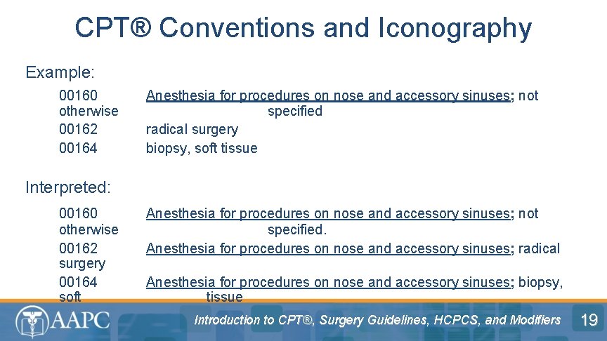 CPT® Conventions and Iconography Example: 00160 otherwise 00162 00164 Anesthesia for procedures on nose