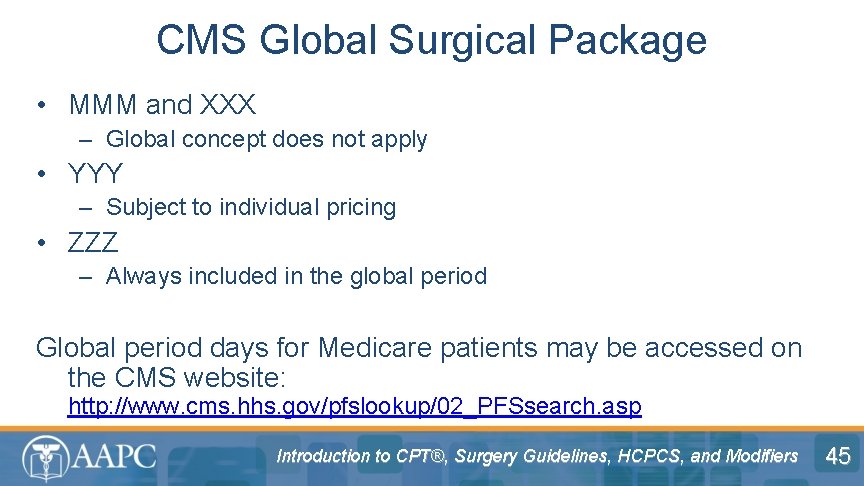 CMS Global Surgical Package • MMM and XXX – Global concept does not apply