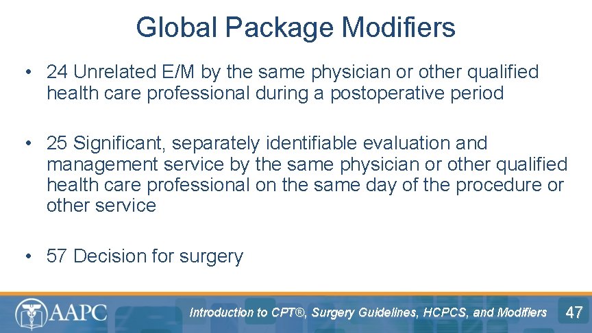 Global Package Modifiers • 24 Unrelated E/M by the same physician or other qualified