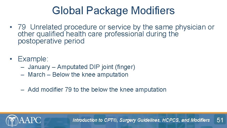 Global Package Modifiers • 79 Unrelated procedure or service by the same physician or