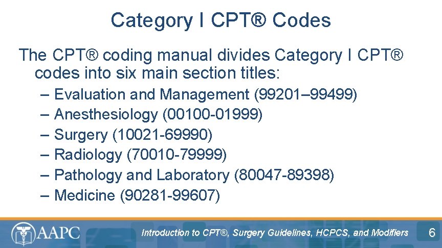 Category I CPT® Codes The CPT® coding manual divides Category I CPT® codes into