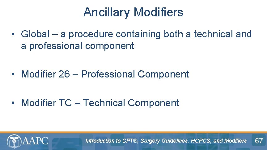 Ancillary Modifiers • Global – a procedure containing both a technical and a professional
