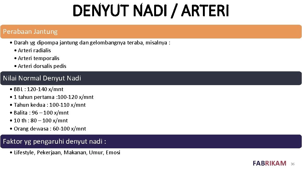 DENYUT NADI / ARTERI Perabaan Jantung • Darah yg dipompa jantung dan gelombangnya teraba,