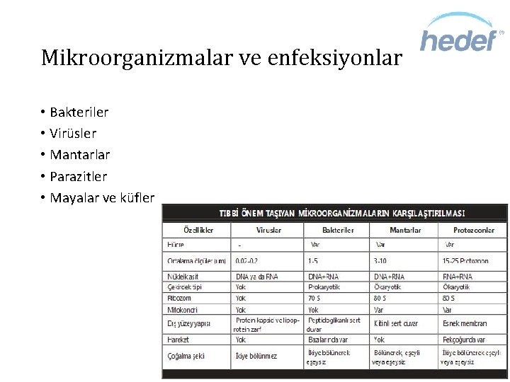 Mikroorganizmalar ve enfeksiyonlar • Bakteriler • Virüsler • Mantarlar • Parazitler • Mayalar ve