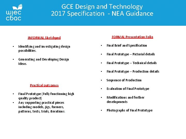 GCE Design and Technology 2017 Specification - NEA Guidance FORMAL Presentation Folio INFORMAL Sketchpad