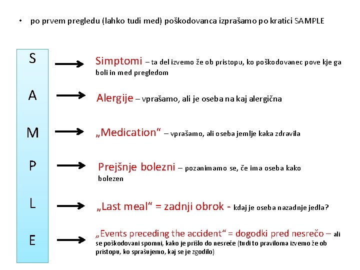  • po prvem pregledu (lahko tudi med) poškodovanca izprašamo po kratici SAMPLE S