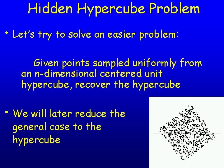 Hidden Hypercube Problem • Let’s try to solve an easier problem: Given points sampled