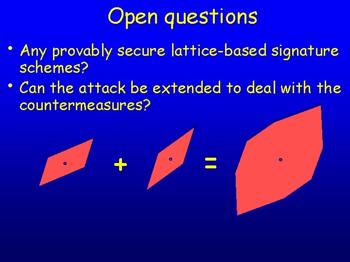 Open questions • Any provably secure lattice-based signature schemes? • Can the attack be