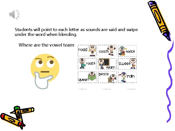 Students will point to each letter as sounds are said and swipe under the