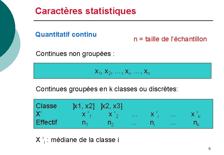 Caractères statistiques Quantitatif continu n = taille de l’échantillon Continues non groupées : x