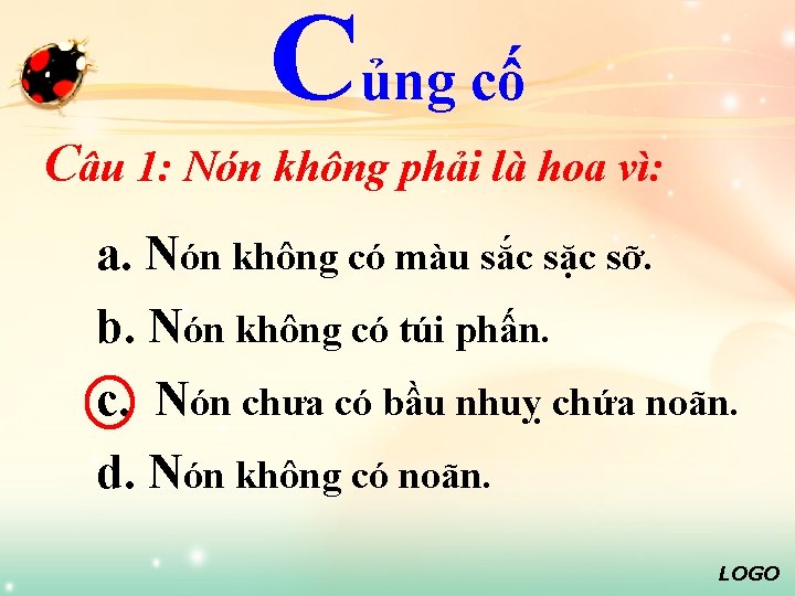 Củng cố Câu 1: Nón không phải là hoa vì: a. Nón không có