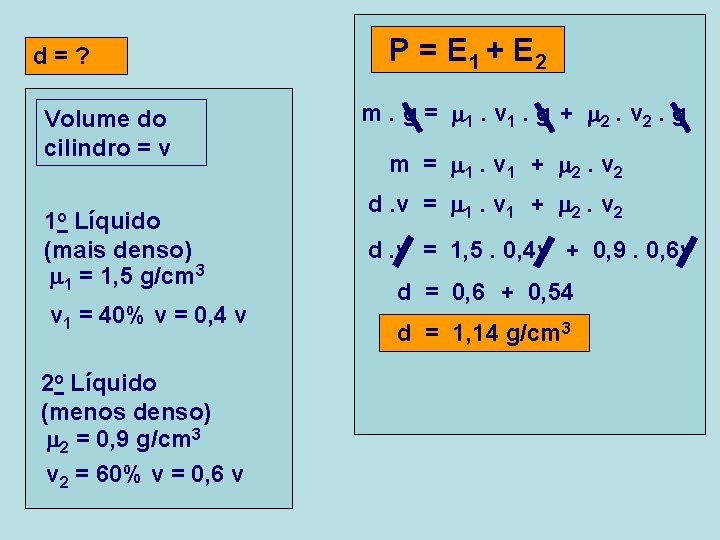 d = ? Volume do cilindro = v 1 o Líquido (mais denso) 1