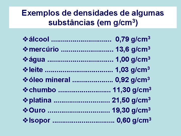 Exemplos de densidades de algumas substâncias (em g/cm 3) válcool. . . . 0,