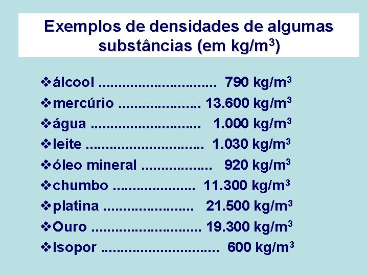 Exemplos de densidades de algumas substâncias (em kg/m 3) válcool. . . . 790