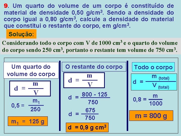 9. Um quarto do volume de um corpo é constituído de material de densidade