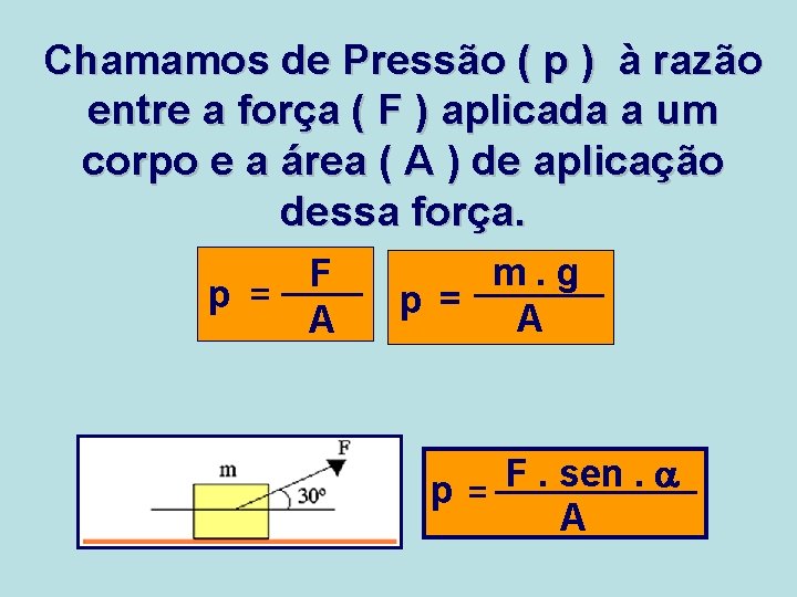 Chamamos de Pressão ( p ) à razão entre a força ( F )