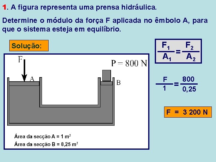 1. A figura representa uma prensa hidráulica. Determine o módulo da força F aplicada
