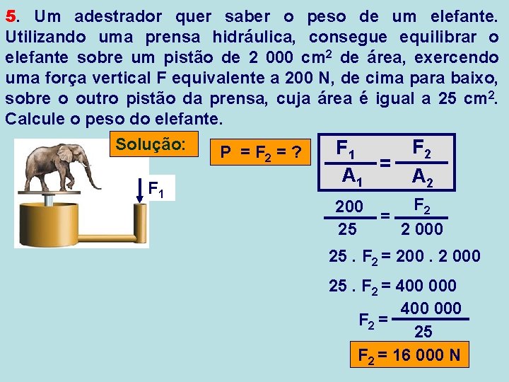 5. Um adestrador quer saber o peso de um elefante. Utilizando uma prensa hidráulica,