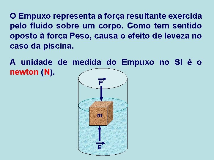 O Empuxo representa a força resultante exercida pelo fluido sobre um corpo. Como tem