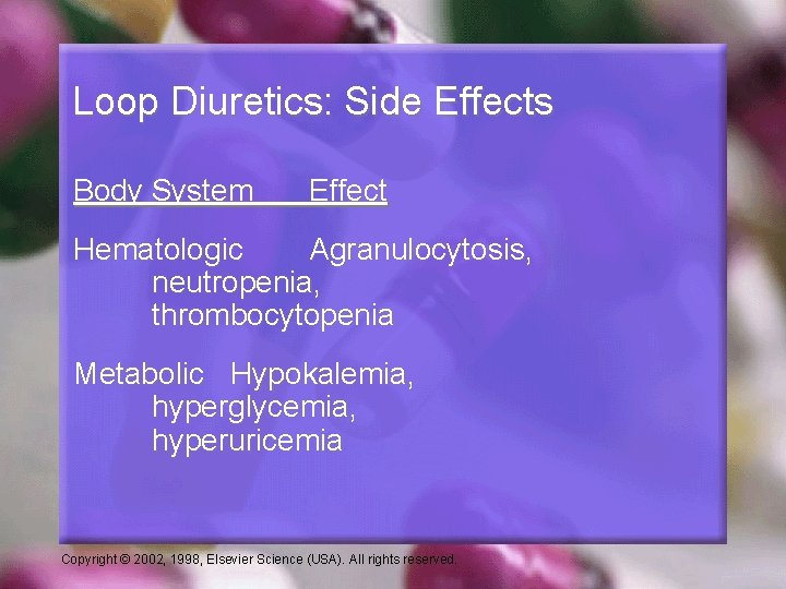 Loop Diuretics: Side Effects Body System Effect Hematologic Agranulocytosis, neutropenia, thrombocytopenia Metabolic Hypokalemia, hyperglycemia,