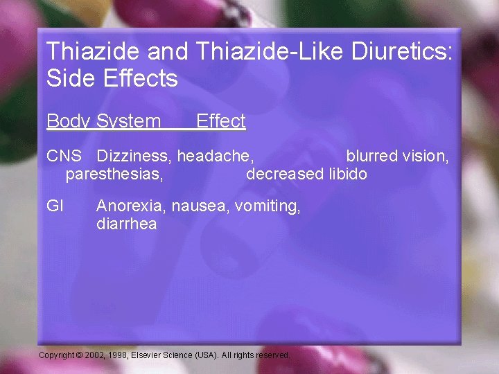 Thiazide and Thiazide-Like Diuretics: Side Effects Body System Effect CNS Dizziness, headache, blurred vision,