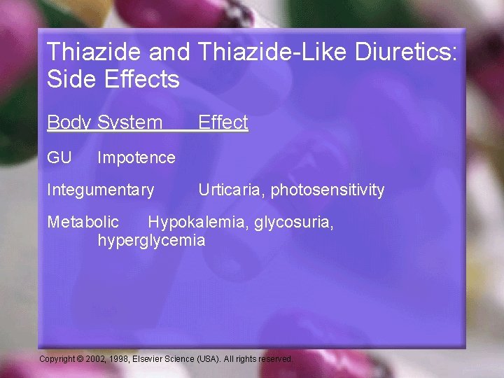 Thiazide and Thiazide-Like Diuretics: Side Effects Body System GU Effect Impotence Integumentary Urticaria, photosensitivity